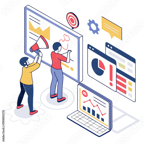 Isometric team collaboration on digital marketing strategy and real time data analytics dashboard with marketing collaboration business analytics strategy dashboard megaphone isometric