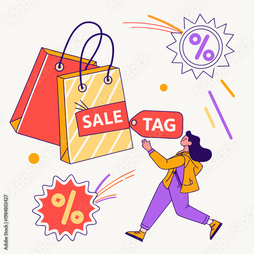 Woman running towards large shopping bags and sale tag for seasonal retail promotion and discount event with discount shopping consumer promotion customer purchase commerce marketing clearance