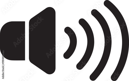 Minimalist Black Speaker Volume Icon, Flat Vector Sound Waves UI Element on White Background.