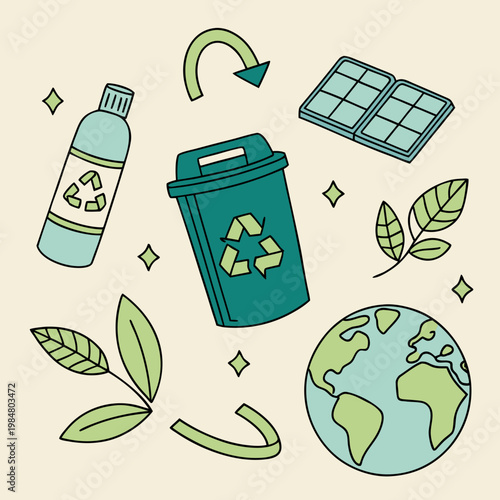 Global sustainability and recycling symbols featuring earth planet recycle bin solar power and natural elements recycling sustainability environment management conservation friendly protection