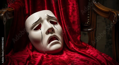 A sad theater mask rests on plush red velvet, evoking drama, despair, and performance