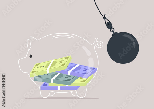 A huge wrecking ball is poised to strike a piggy bank overflowing with colorful bills, Tension fills the scene as financial worries loom large over the adorable savings container.