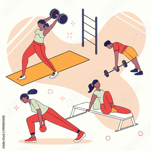 Diverse group of people performing various strength training exercises in a modern flat illustration style with exercise training lifestyle weightlifting dumbbell kettlebell strength activity