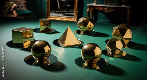 Polished Brass Geometric Ornaments Displayed on a Reflective Surface with Mirror and Table in Background