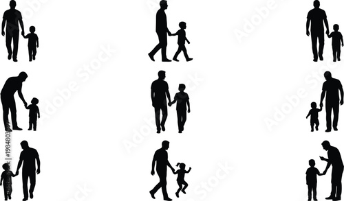 Father and child silhouettes set, collection of 9 vector icons showing dad walking with son or daughter, parent and toddler holding hands