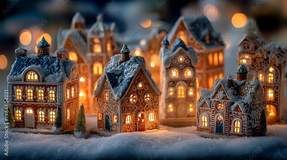 Fototapeta premium Miniature gingerbread houses with snowy roofs and warm interior lights, festive bokeh background