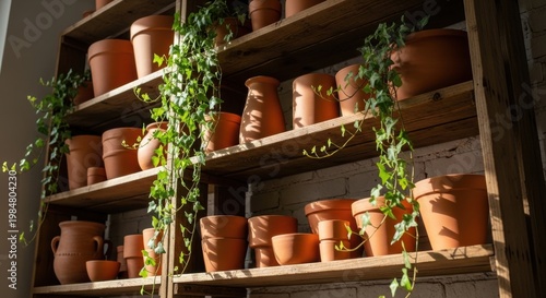 Rustic Terracotta Pots Filled With Greenery Displayed on Wooden Shelving Unit