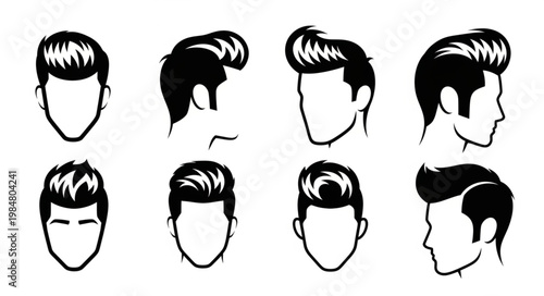 Set of male haircut silhouette icons showing varied hairstyles.