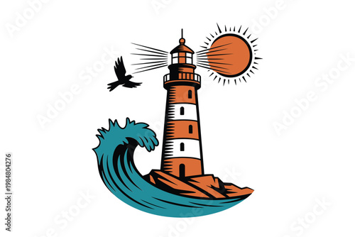 A vintage style illustration depicts a lighthouse with a beaming light and a soaring bird