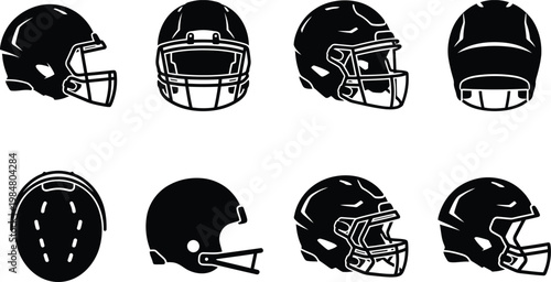 American football helmet icons set, black silhouette sports headgear collection, 8 protective equipment vector illustrations for team branding