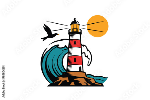 A stylized illustration depicts a lighthouse waves a bird and a bright sun