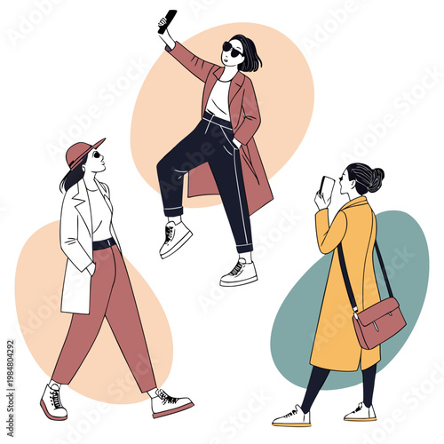 Stylish women in modern outfits using smartphones for photography selfies social media interaction illustration smartphone technology photography clothing sunglasses lifestyle interaction