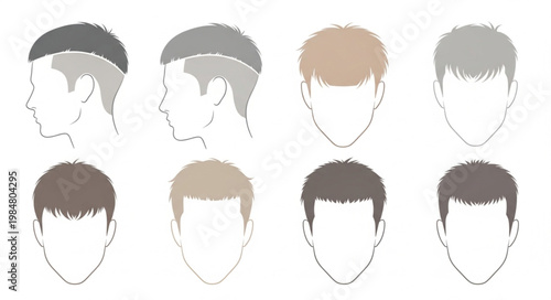 Set of Male Hairstyle Head Illustrations Multiple Views.