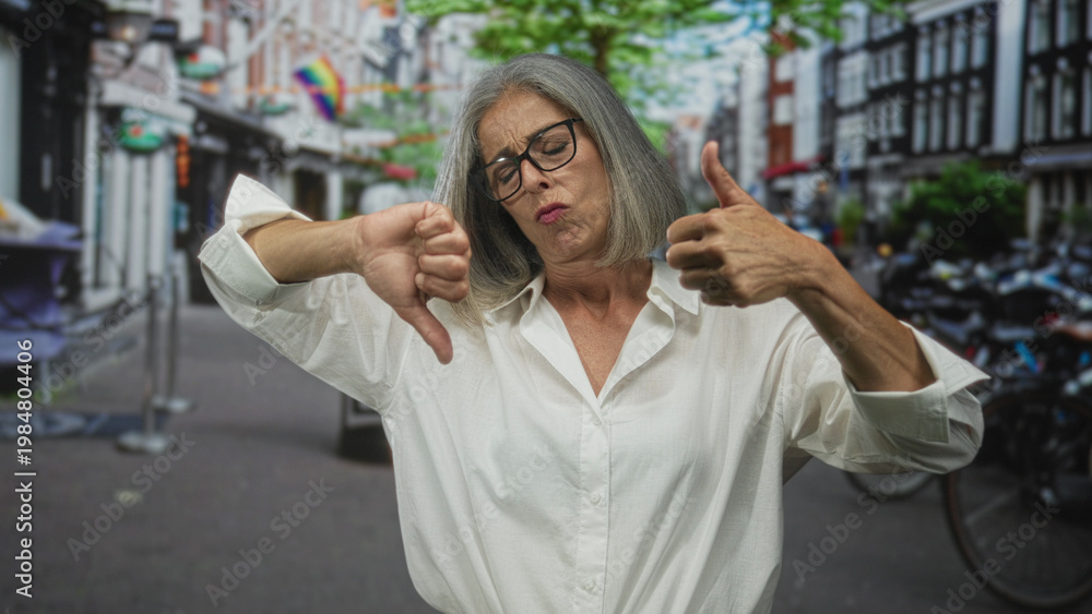 Fototapeta premium Middle aged woman smiling and showing thumbs up and thumbs down on a busy city street lined with bicycles and brick buildings; ambivalence.