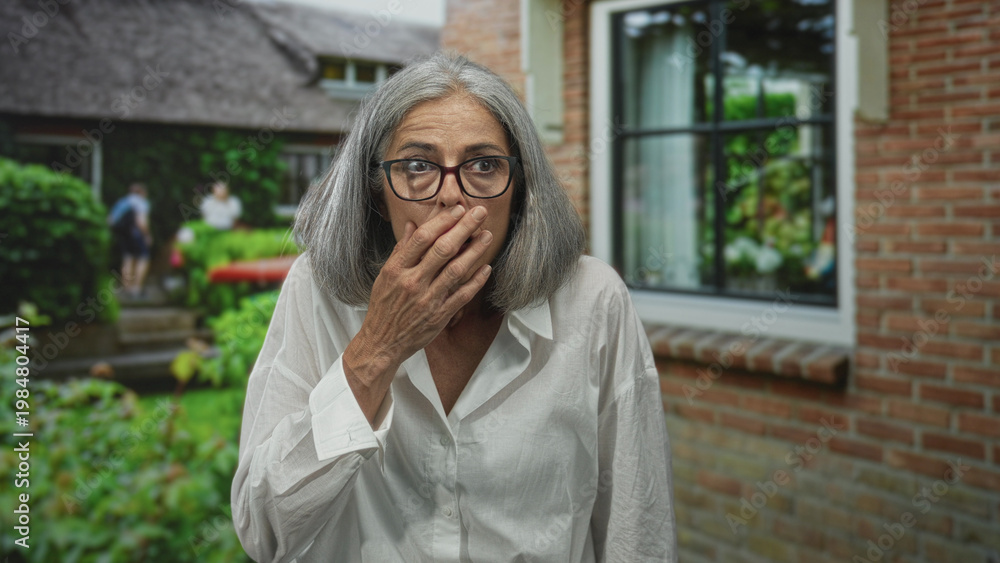 Fototapeta premium Woman grey haired wearing glasses and white shirt with hand to mouth at building entrance by brick wall and window, outdoor garden visible; surprise.