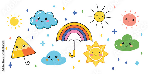 Colorful weather elements with cute faces and playful design
