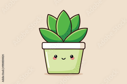 Cute green plant in a small pot with smiling face design