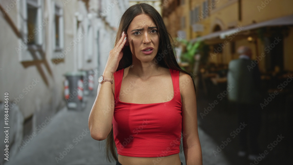 Fototapeta premium Woman with hand to temple on a street by a blurred cafe and alley, wearing a red crop top and watch, frowning and squinting in mild pain; headache discomfort.