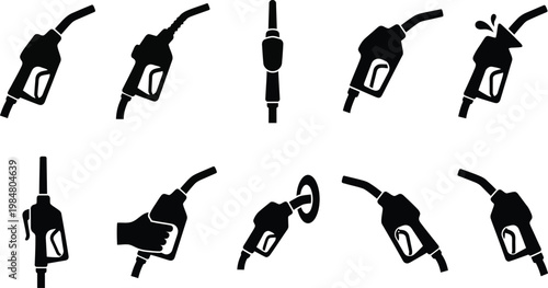 Gas station fuel pump nozzle icons set, black silhouette petrol dispenser handles, 10 vector elements for oil and energy industry graphics
