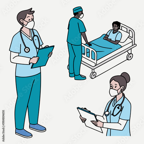Healthcare professionals in face masks taking notes and caring for a patient in a hospital bed medical staff during an epidemic medical facility public health check up patient care medical exami