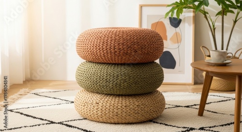 Stack of Three Round Woven Floor Cushions in Earthy Tones on a Patterned Rug, Cozy Interior Decor Accent