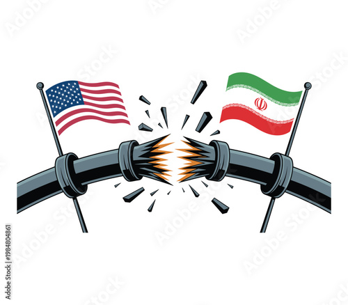 A conceptual illustration depicts a fractured pipeline connecting the united states and iran symbolizing strained relations and conflict high quality professional detailed modern