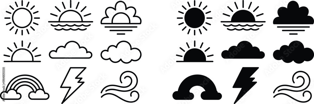 Fototapeta premium A collection of simplistic black and white weather icons depicts suns clouds rain rainbows lightning and wind patterns high quality professional detailed modern
