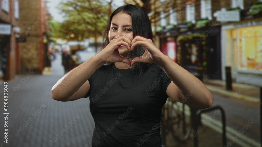 Fototapeta premium Young hispanic woman makes heart with hands on a busy city street near a bicycle rack while smiling broadly; love joy.