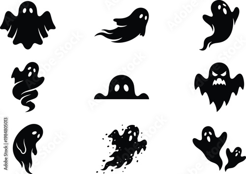 Spooky ghost silhouette collection, 9 Halloween spirit vector icons, black phantom character set for horror party invitations and seasonal decor