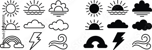 A collection of simplistic black and white weather icons depicts suns clouds rain rainbows lightning and wind patterns high quality professional detailed modern