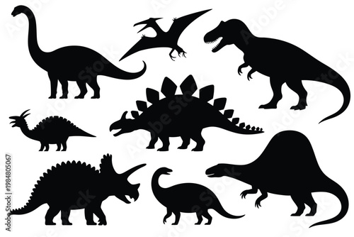 Silhouettes of various prehistoric dinosaurs including a brachiosaurus and tyrannosaurus rex
