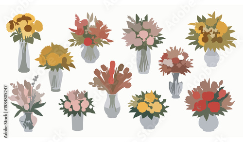 Colorful flower bouquets in assorted glass and ceramic vases with sunflowers roses and tulips vector isolated on white