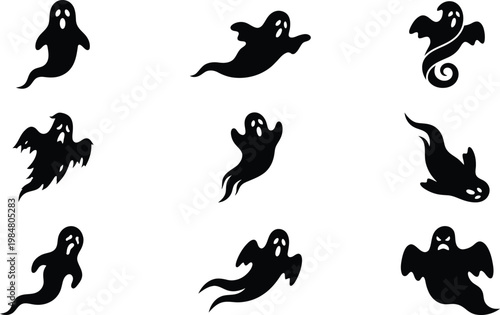 Spooky ghost silhouette collection, 9 Halloween ghost vector icons, black flying phantom characters, scary spirit silhouettes for holiday decor