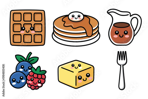 Cute cartoon illustration of breakfast items including pancakes chocolate and fruit