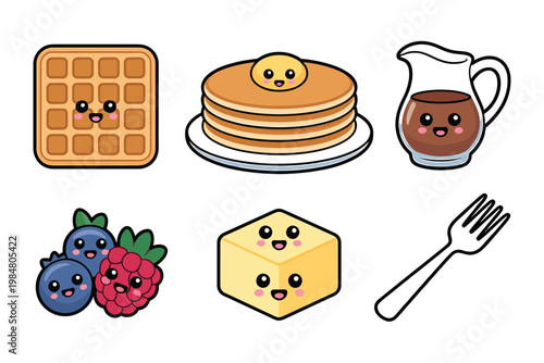 Adorable cartoon breakfast items including pancakes waffles berries and a syrup pitcher