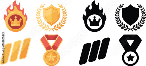 A collection of award symbols is displayed including crowns shields laurel wreaths and medals in both color and monochrome variations high quality professional