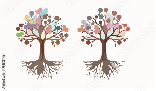 Artistic trees with colorful flowers and exposed roots nature vector illustration