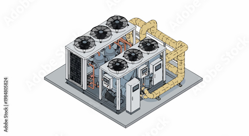 Isometric Industrial HVAC Chiller System Illustration - Commercial Air Conditioning and Cooling Unit with Fans, Pipes, and Control Panels on White Background
