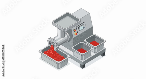 Industrial Electric Meat Grinder and Food Mincer Machine Processing Red Berries into Pulp, Isometric Illustration on White Background