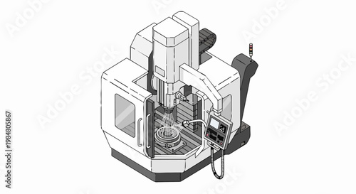 Isometric CNC Machine Illustration - Industrial Milling and Precision Engineering Technical Line Art