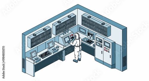 Isometric Cleanroom Laboratory Illustration with Scientist in Protective Hazmat Suit Operating Industrial Control Panel and High-Tech Equipment in Sterile Environment