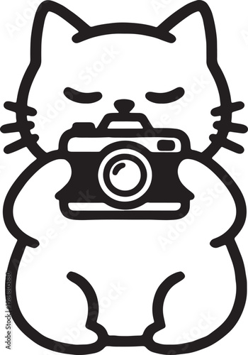 Cute cartoon kitten holding an oldfashioned vintage camera with eyes closed
