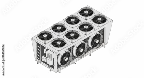 Industrial HVAC Outdoor Chiller Unit Technical Drawing - Isometric Line Art of Cooling System for Building Climate Control