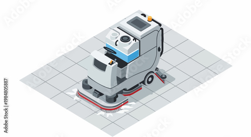 Isometric Industrial Floor Scrubber Machine Cleaning Tiled Surface, Professional Janitorial Equipment for Commercial Floor Maintenance and Hygiene Services