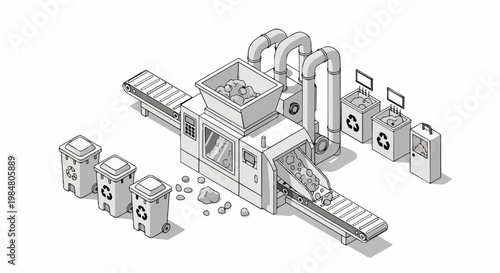 Isometric Industrial Waste Recycling Machine and Automated Sorting System Illustration with Conveyor Belts and Bins