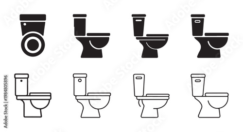 Toilet Bowl Icon Set with Different Perspectives and Styles in Black and Outline
