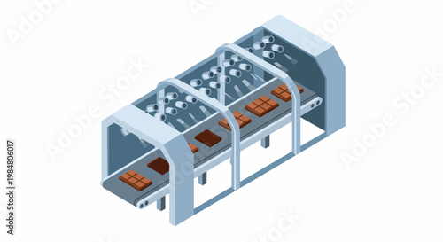 Isometric Automated Chocolate Production Line on Conveyor Belt in Food Factory