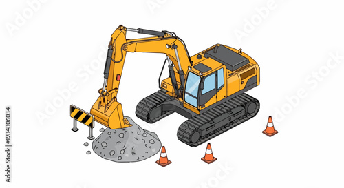 Isometric Yellow Hydraulic Excavator Digger Construction Vehicle Digging Gravel with Safety Cones Isolated on White Background