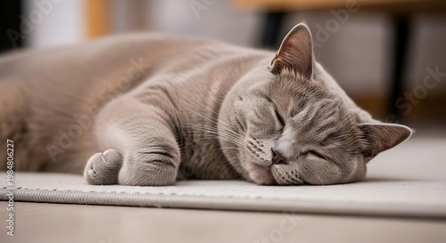 A serene, fluffy feline slumbers peacefully on a soft, muted rug