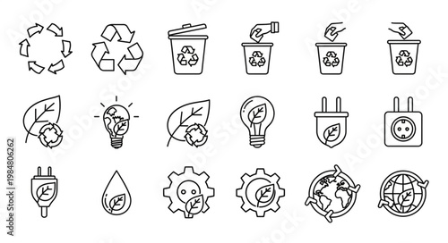 Set of eco recycling line icons representing sustainability.